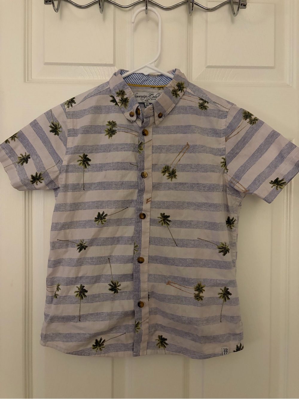 Sovereign Code Light Blue & White Striped Palm-Print Button-Down Shirt